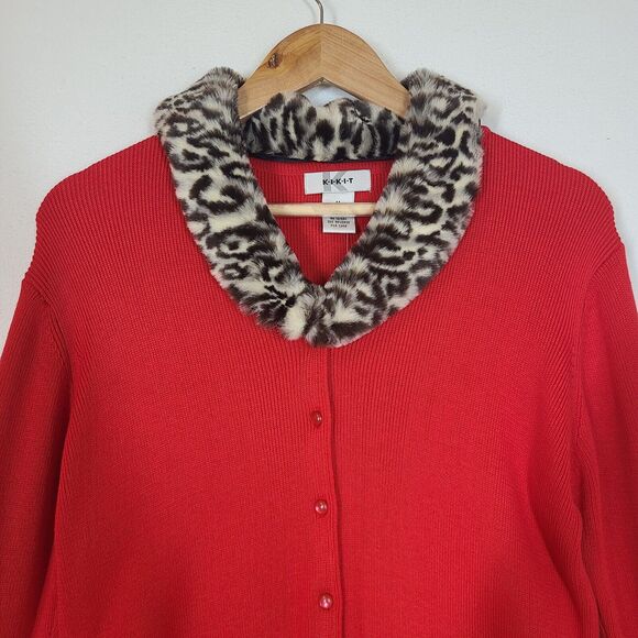 3 for $30 -Vtg Kikit Red Sweater Cardigan Animal Print Faux Fur Removable Collar - Picture 2 of 8